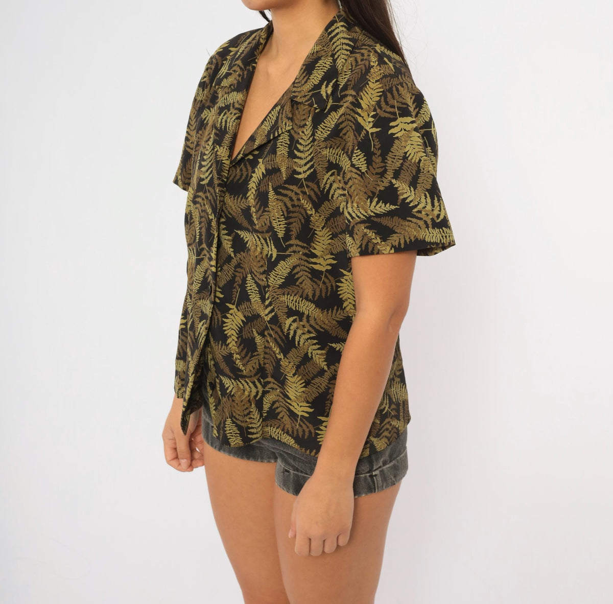90s Joan Leslie Fern Print Camp Collar Shirt Black Olive Botanical Large L