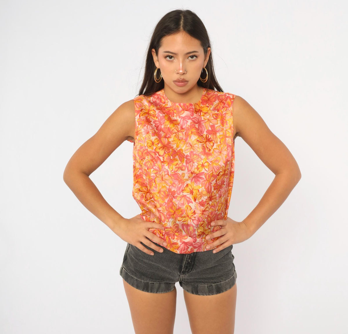 60s Butterfly Floral Sleeveless Blouse White Orange Pink Crew Neck Small
