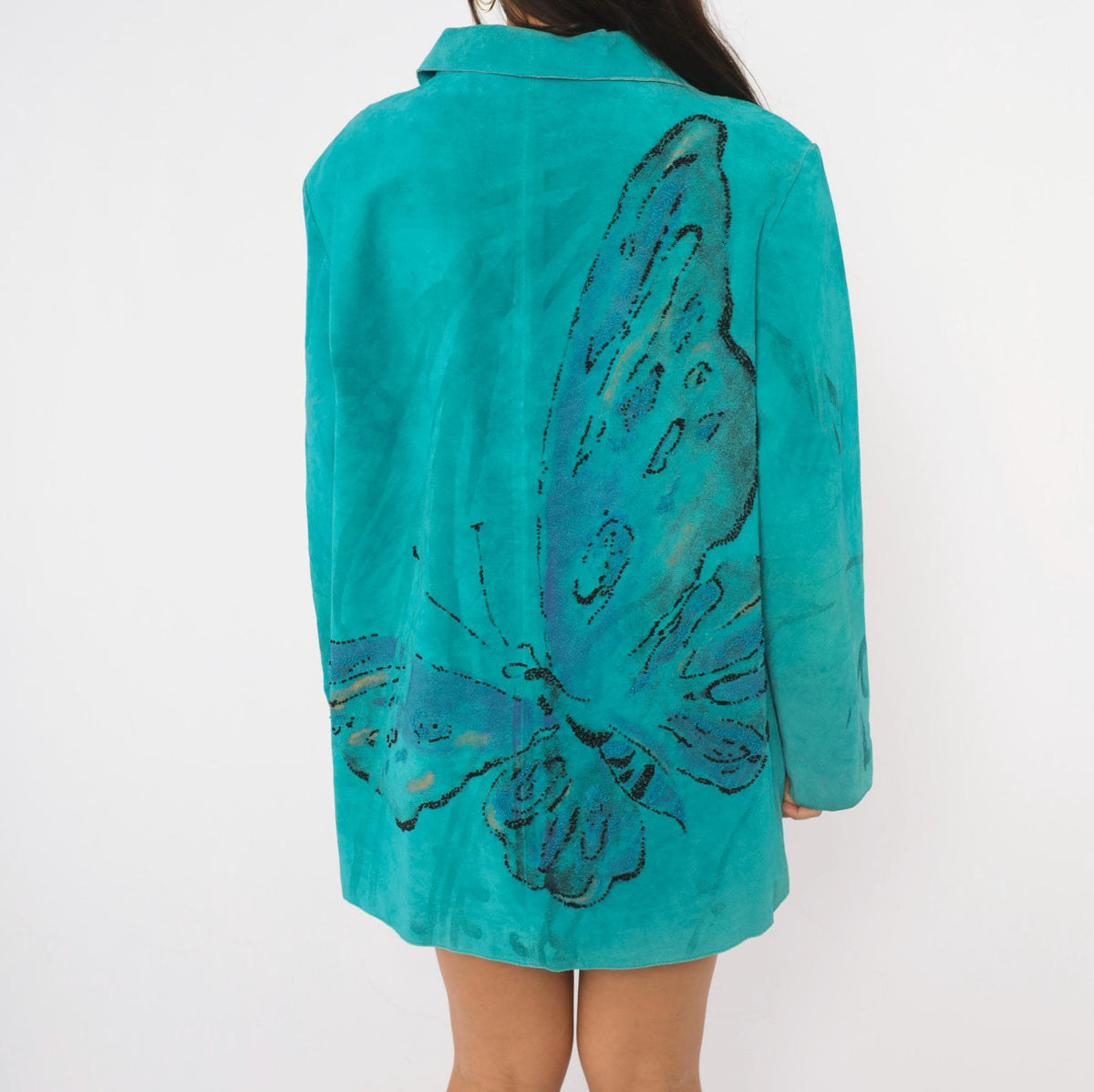 90s Chicos Turquoise Suede Jacket Beaded Butterfly Painted Back Large L