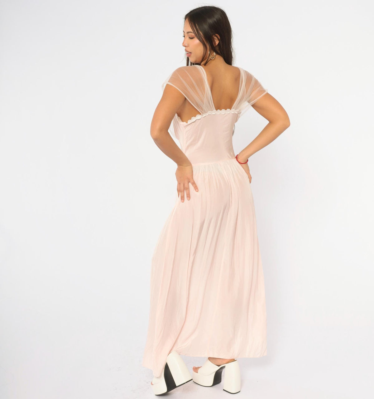 1940s Pink Tulle Nightgown Lace Trim Maxi Slip Dress Cap Sleeve Small