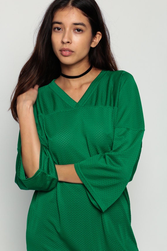 90s Football Jersey Dress Green Mesh V-Neck Mini Long Sleeve Extra Large