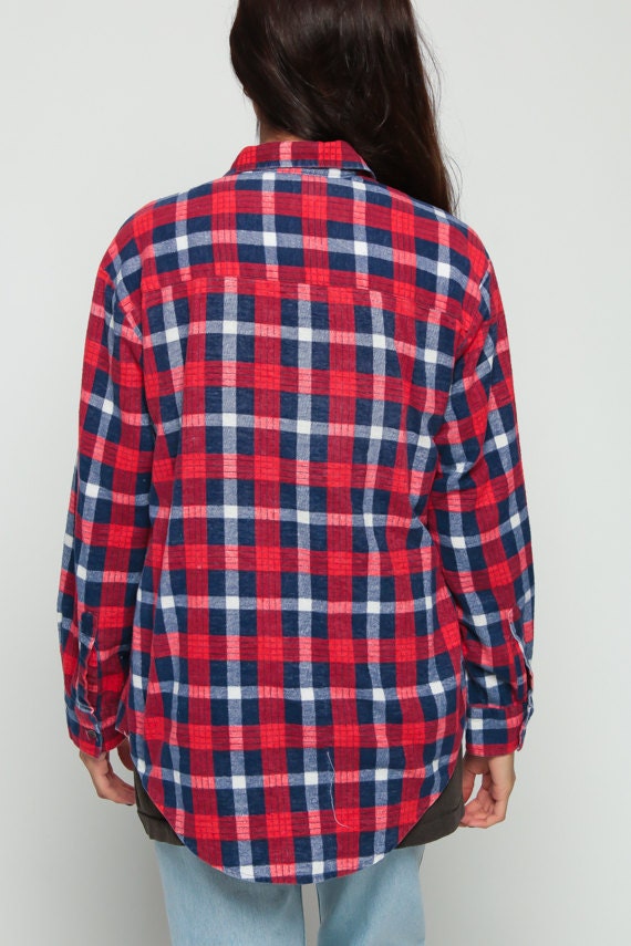 90s Navy Plaid Flannel Shirt Red White Button-Up Long Sleeve Medium