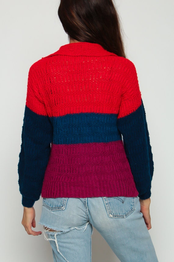 70s Striped Color Block Knit Sweater Collar Red Blue Semi-Sheer Medium