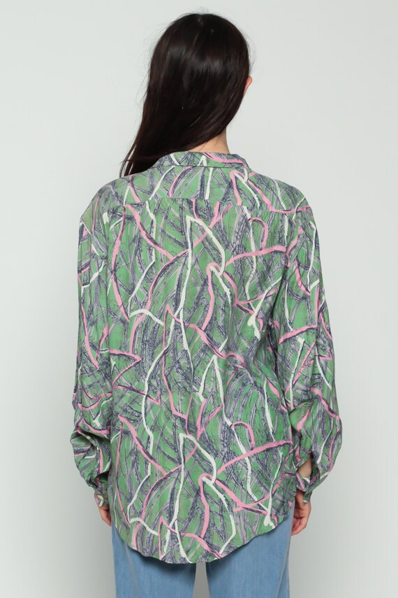 70s Striped Brush Stroke Blouse Green Pink Button Up Long Sleeve Extra Large