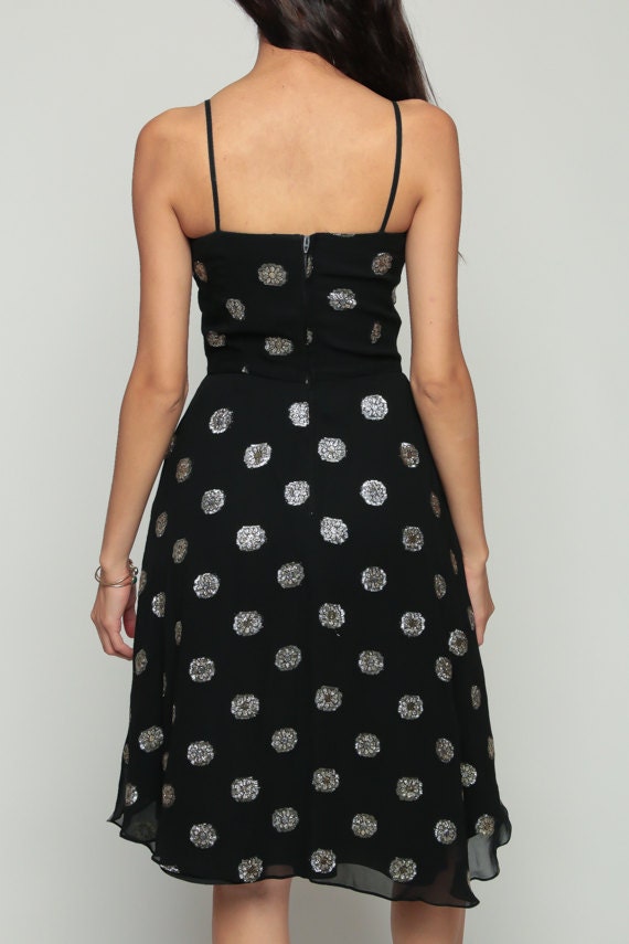 70s Black Metallic Floral Midi Dress Spaghetti Strap High Waist Extra Small
