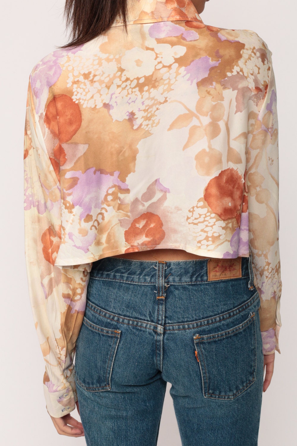 70s Watercolor Floral Button-Up Blouse Long Sleeve Crop Top Medium Large