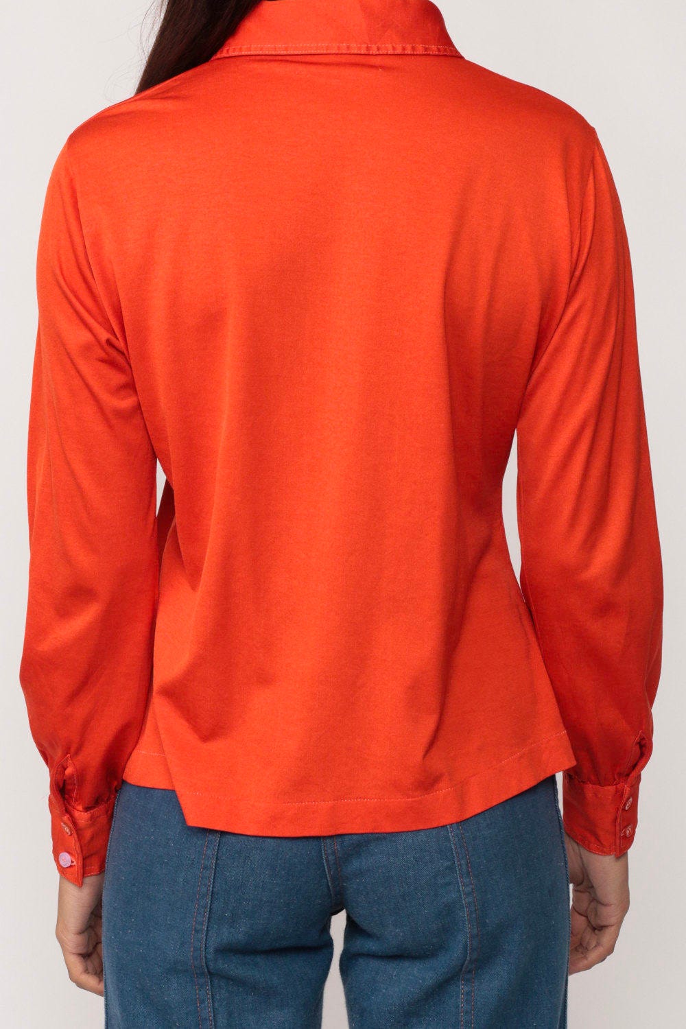 70s Orange Button-Up Shirt Long Sleeve Collared Blouse Large