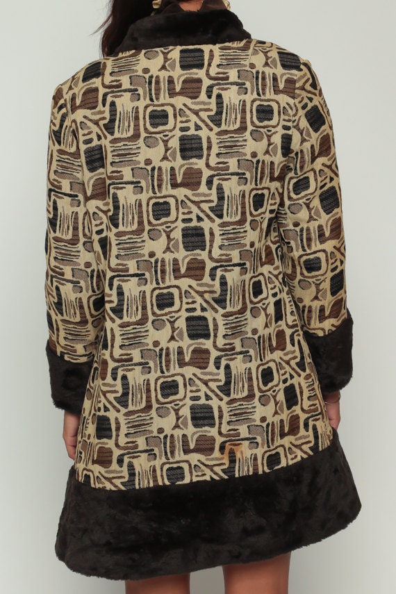 70s Tapestry Faux Fur Coat Brown Zip Front Jacket Medium