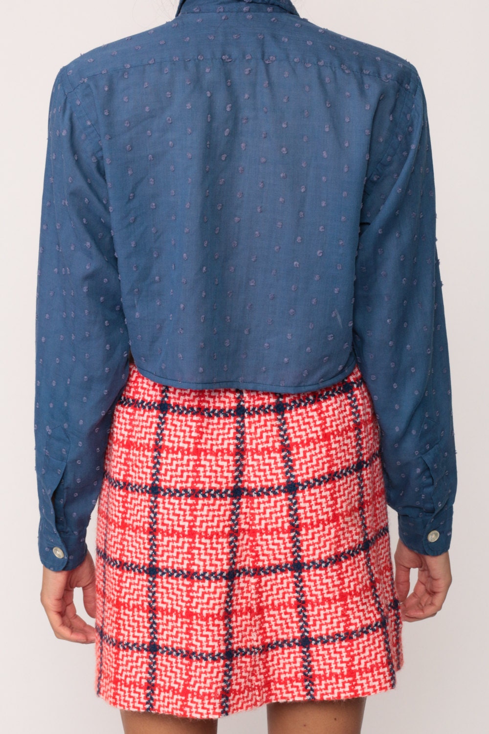 70s Blue Polka Dot Crop Top Long Sleeve Button Up Blouse Small Medium