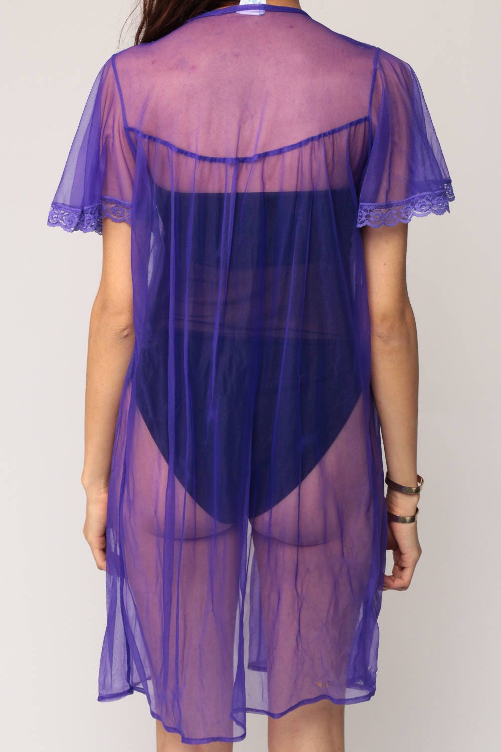 80s Purple Sheer Lace Kimono Robe Flutter Sleeve Bed Jacket Medium