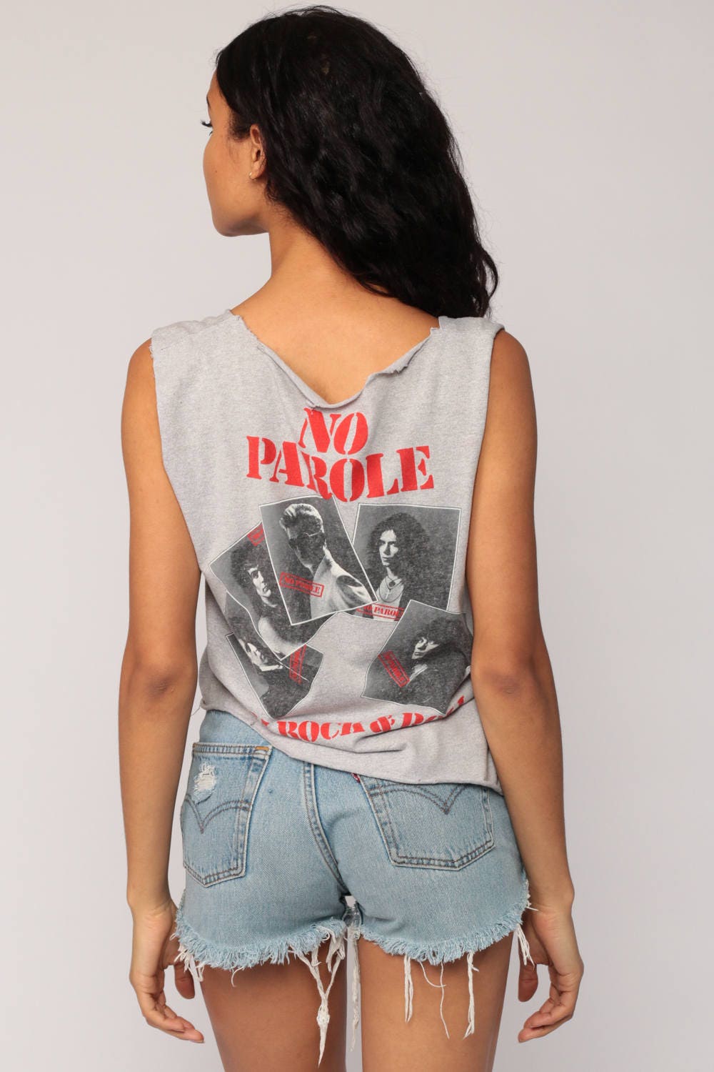 Alcatrazz No Parole 1983 Band Tee Distressed Cutoff Grey Small Medium