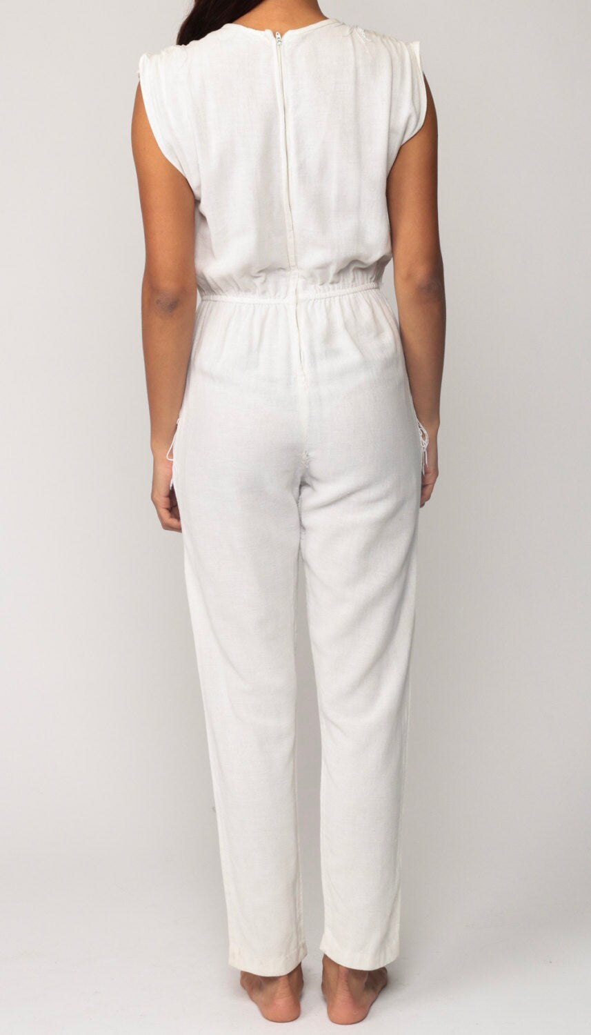 80s White Jumpsuit Beaded Fringe Cap Sleeve High Waist Tapered Cotton Small Medium