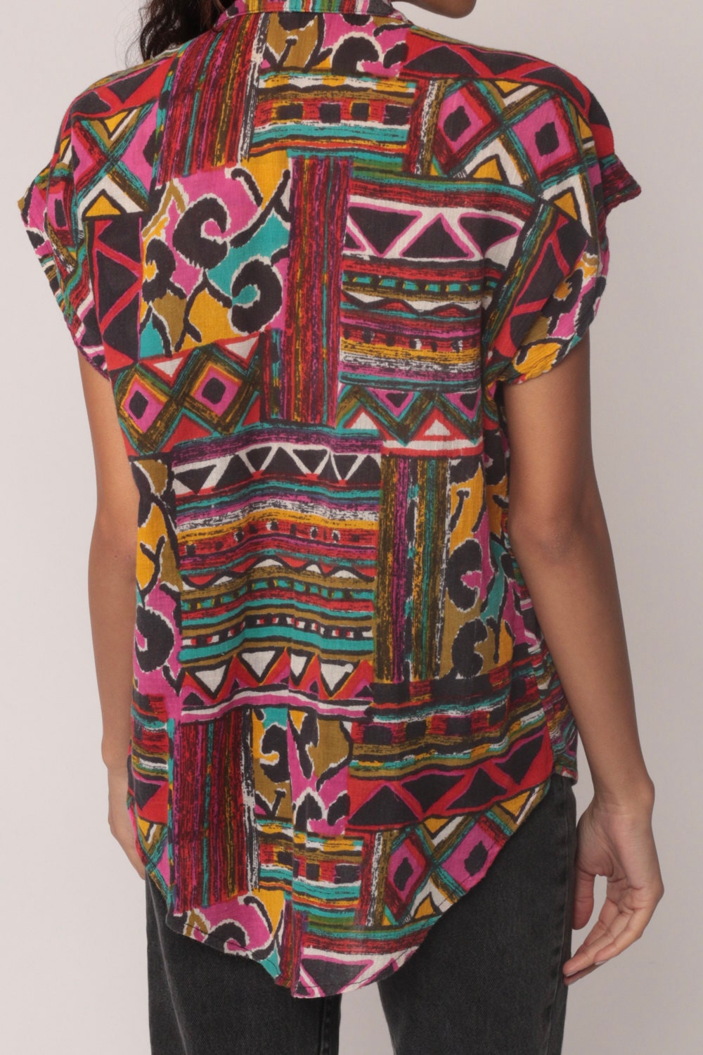80s Tribal Southwestern Aztec Button-Up Blouse Cap Sleeve Multicolor Small Medium