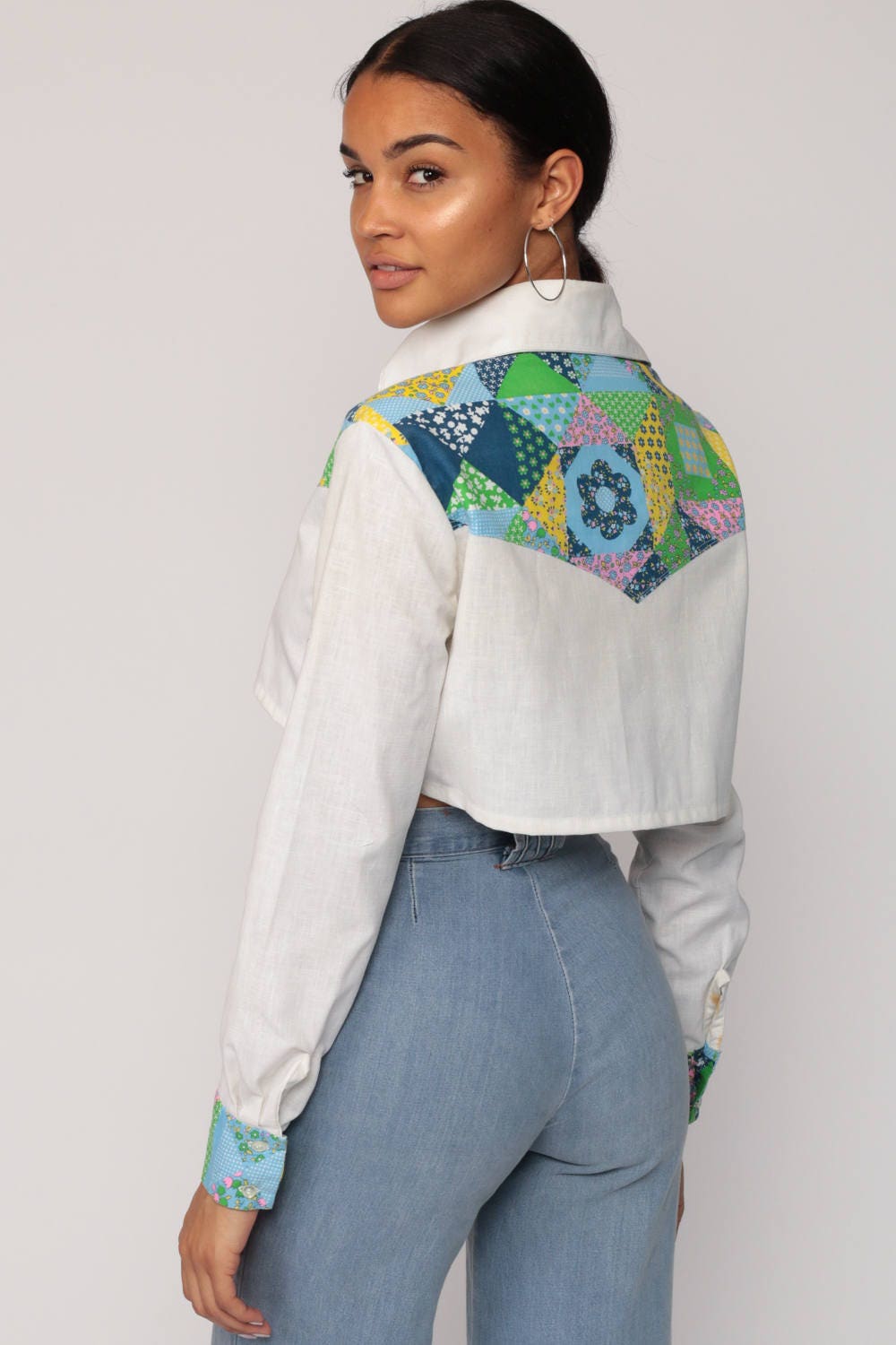 70s Western Shirt Patchwork Floral Yoke Crop Top White Long Sleeve Small
