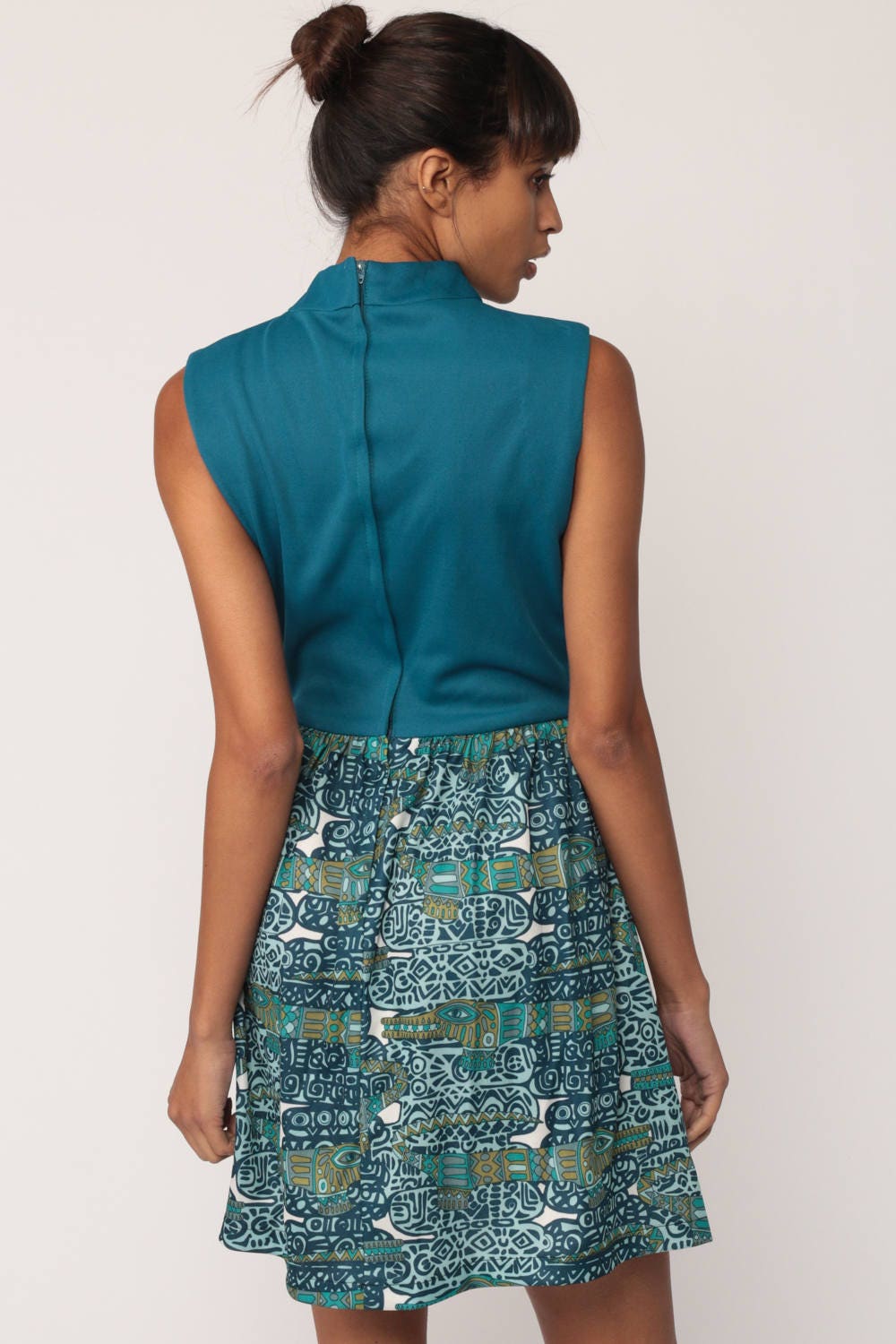 70s Alligator Print Mini Dress Blue Tribal Sleeveless High Waist Extra Small