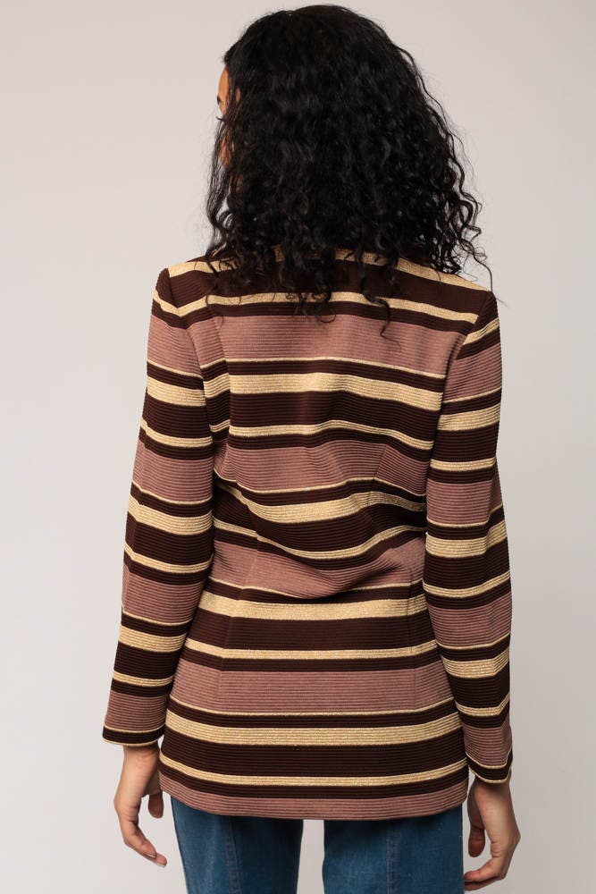 70s Striped Jacket Brown Gold Metallic Button-Up Coat Small