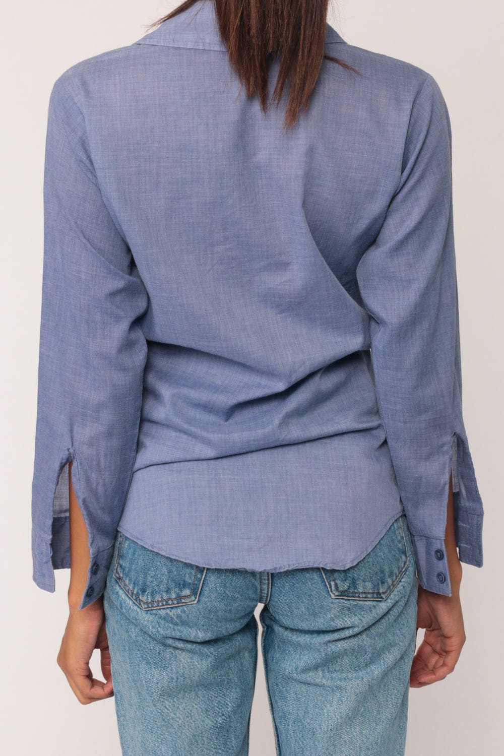 70s Western Chambray Shirt Embroidered Compass Flowers Blue Long Sleeve Extra Small