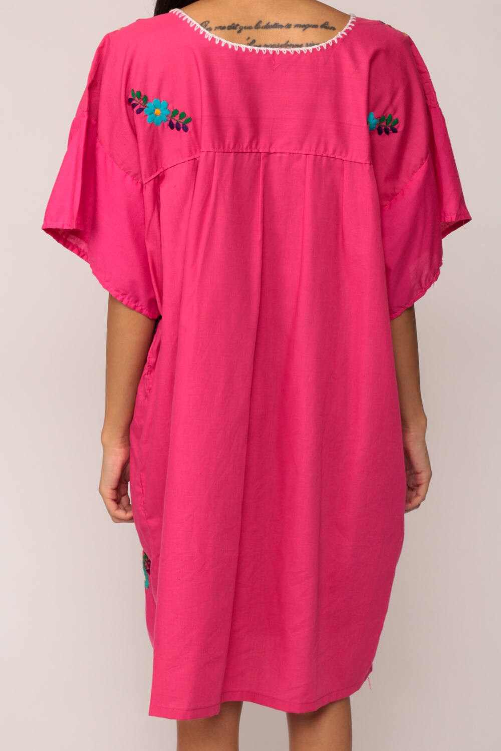 80s Mexican Embroidered Peacock Tunic Dress Hot Pink Cotton Extra Large XXL