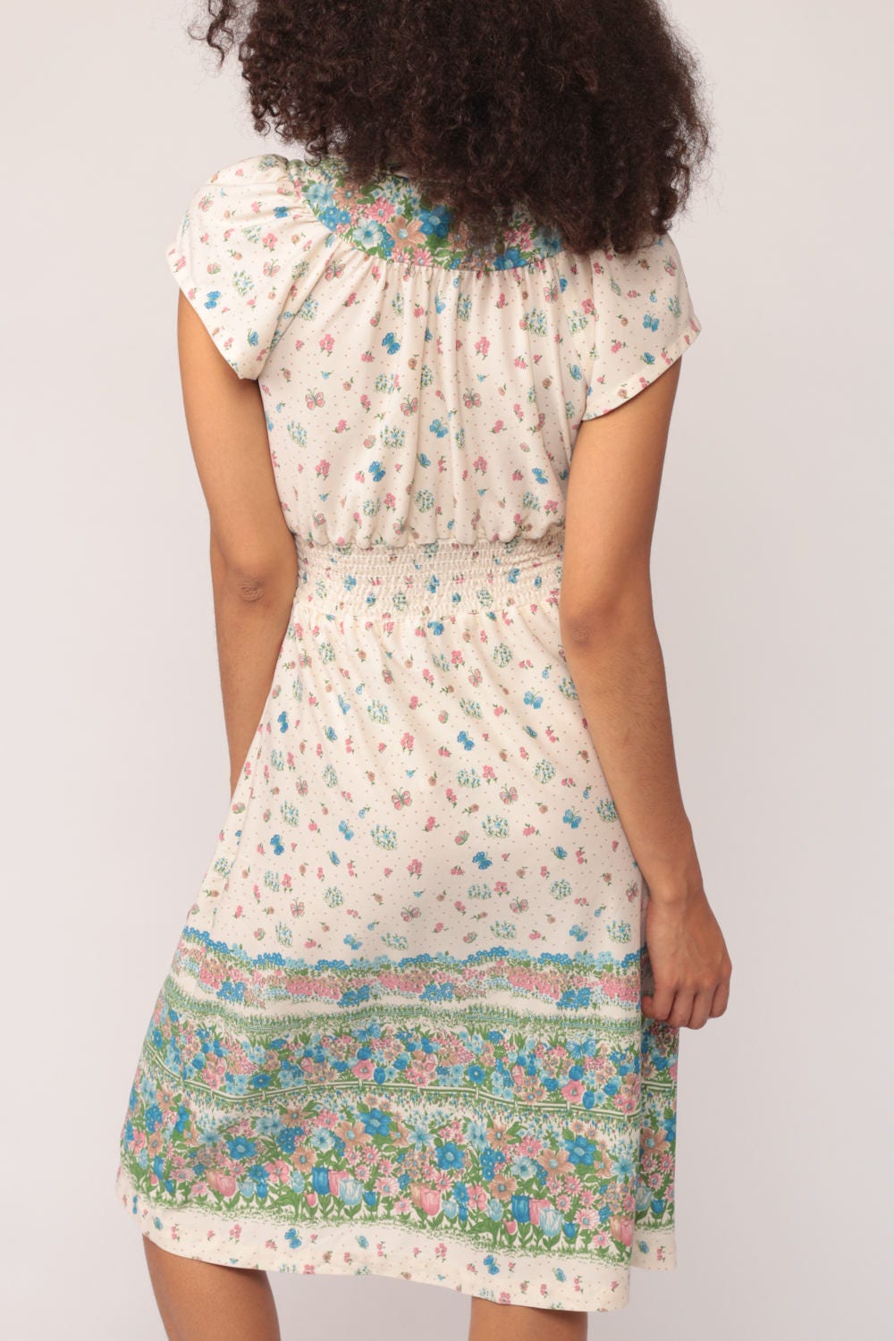 70s Floral Midi Dress Keyhole Neck High Waisted Cap Sleeve Small
