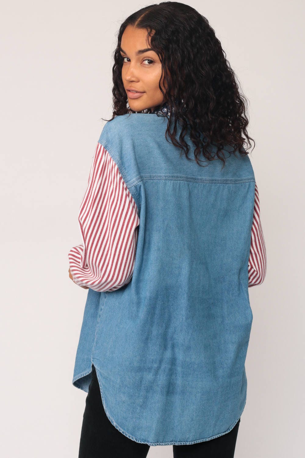 90s American Flag Denim Shirt Blue Jean Button-Up Long Sleeve Medium