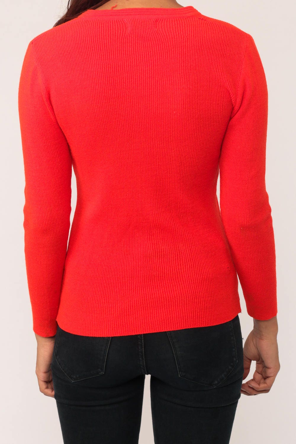 70s Red Knit V-Neck Sweater Long Sleeve Top Extra Small XS