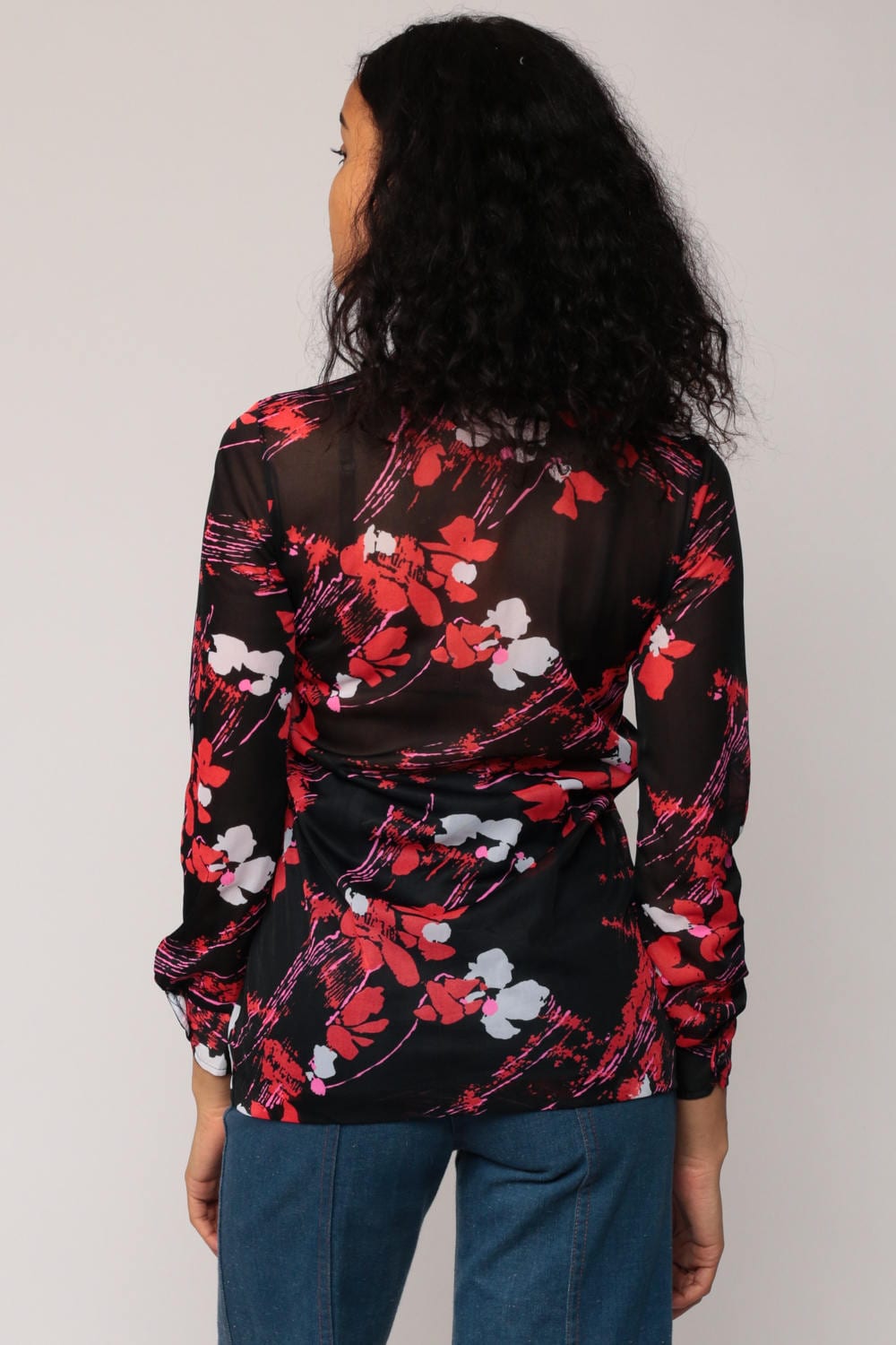70s Black Floral Button-Up Blouse Long Sleeve Sheer Collar Small