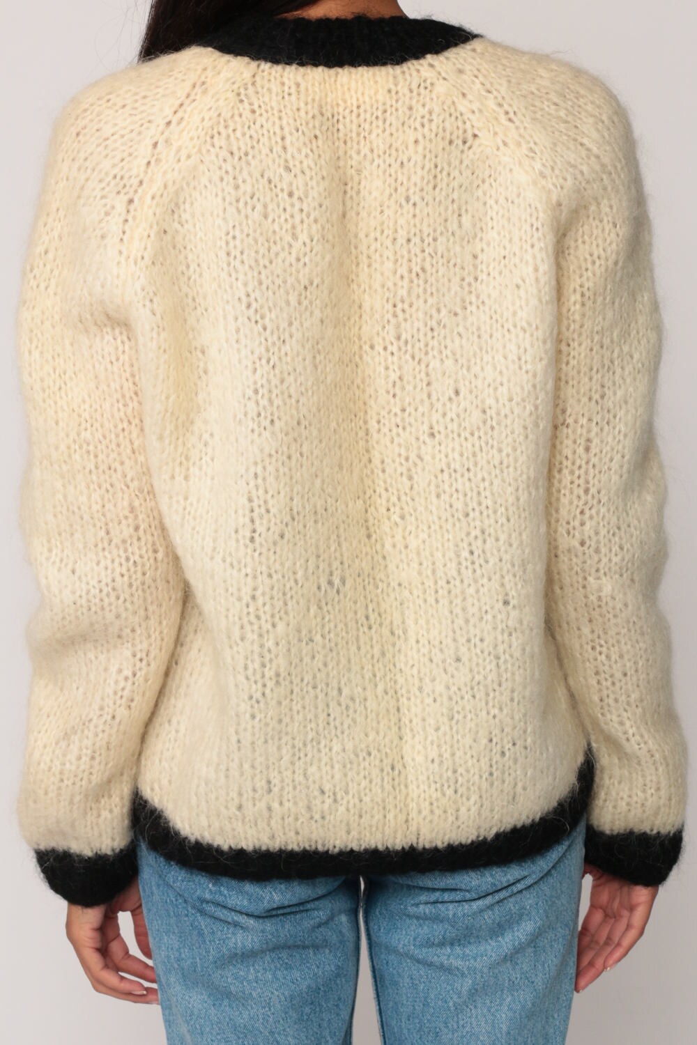 70s Angora Wool V-Neck Sweater Italian Braided Pullover Cream Small