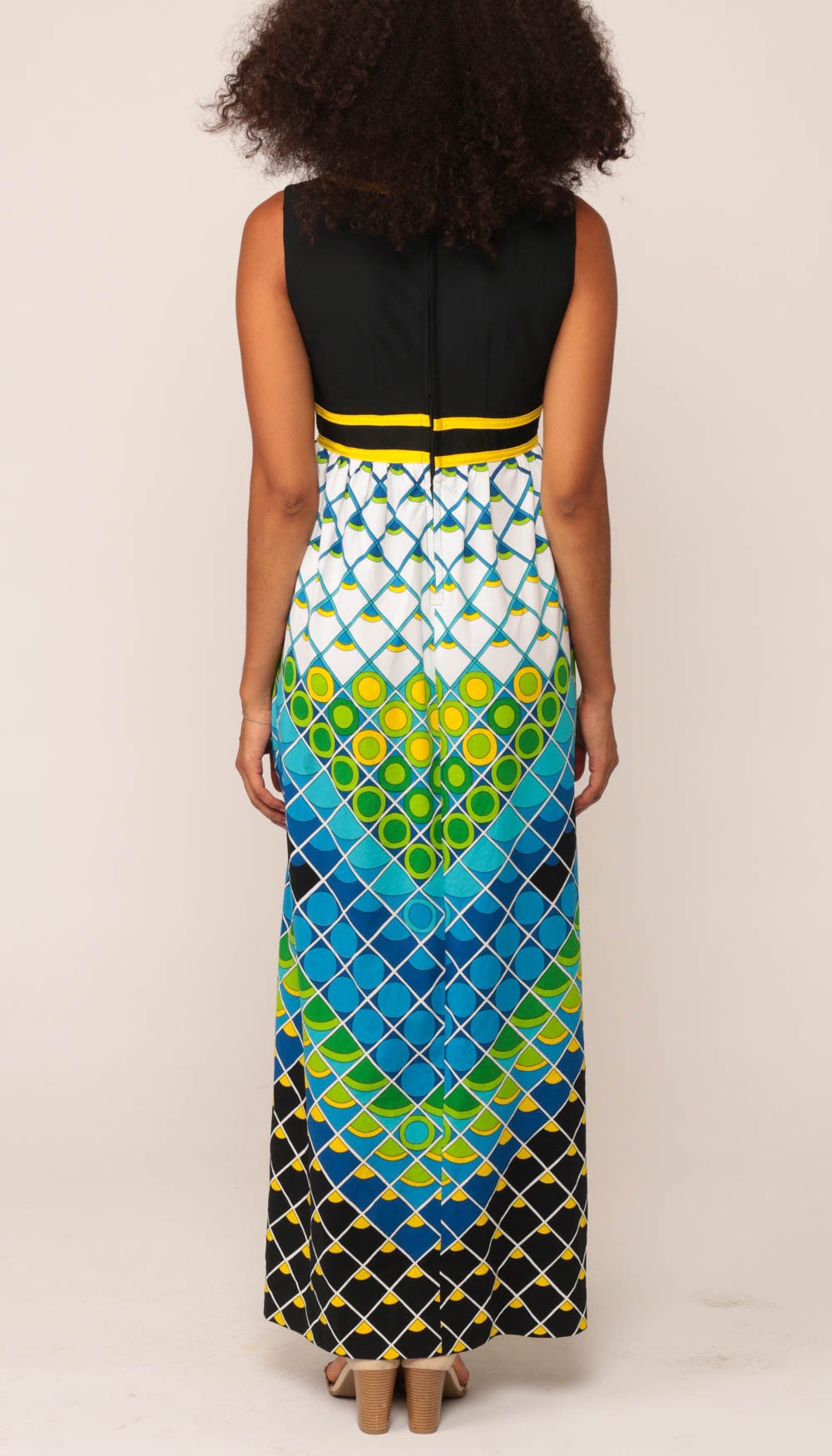 70s Psychedelic Print Maxi Dress Sleeveless Empire Waist V Neck Blue Small