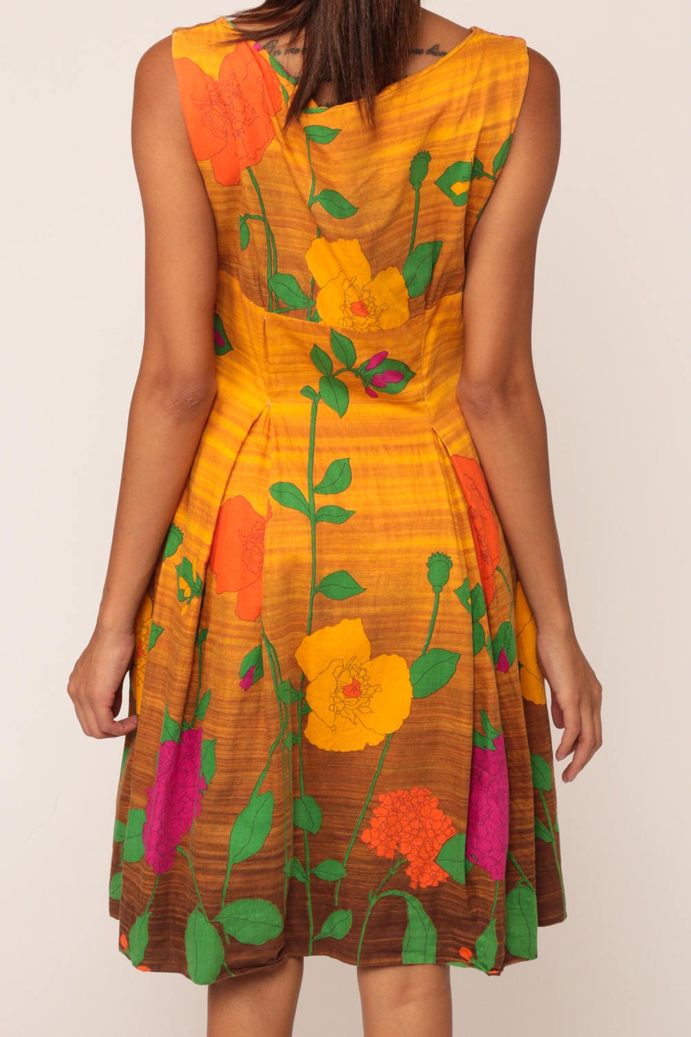60s Floral Mini Dress Golden Yellow Brown Empire Waist Pleated Cotton Small