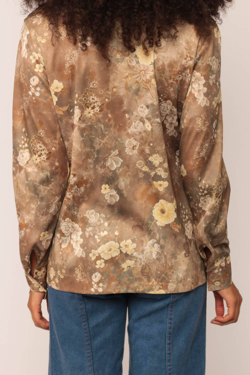 70s Floral Button-Up Blouse Brown Yellow Long Sleeve Shirt Large