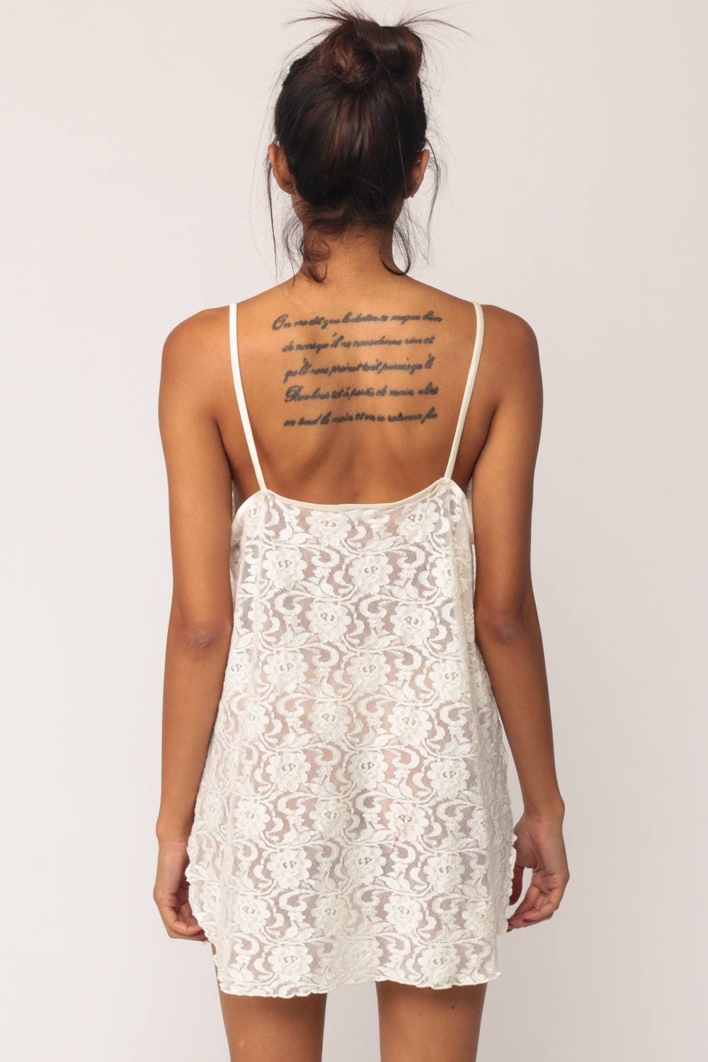 90s White Lace Slip Dress Sheer Spaghetti Strap Chemise Mini Medium Large