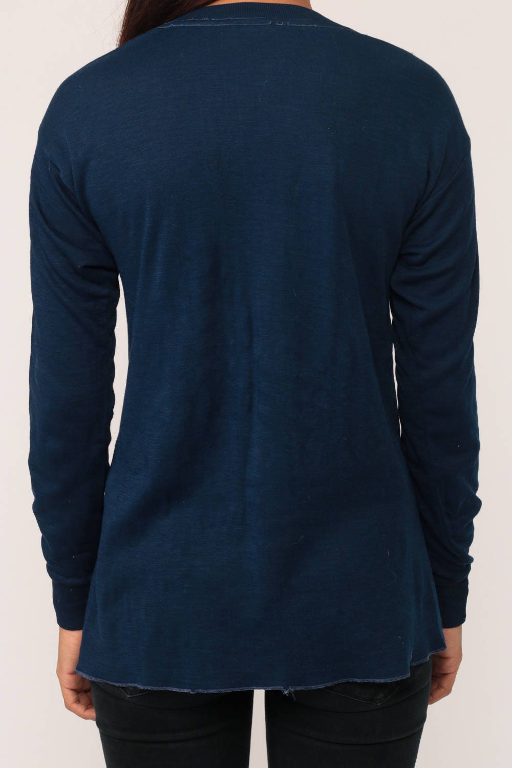 80s Navy Long Sleeve T-Shirt Distressed Grunge Tee Large