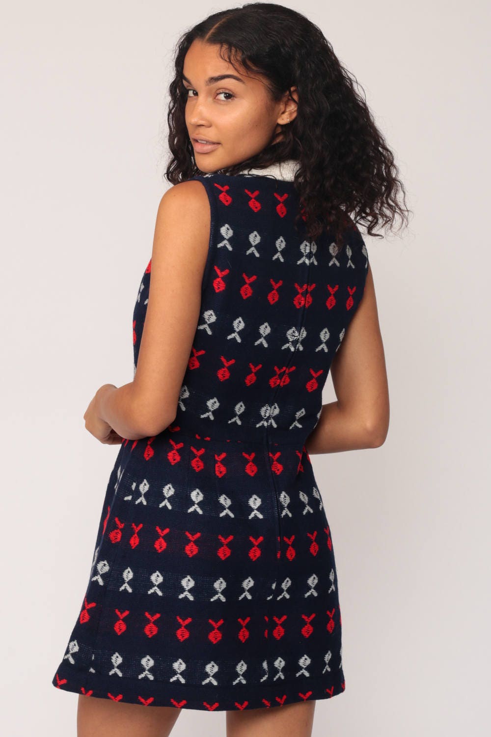 70s Mod Mini Dress Fish Print Bib Turtleneck Navy Red White Small