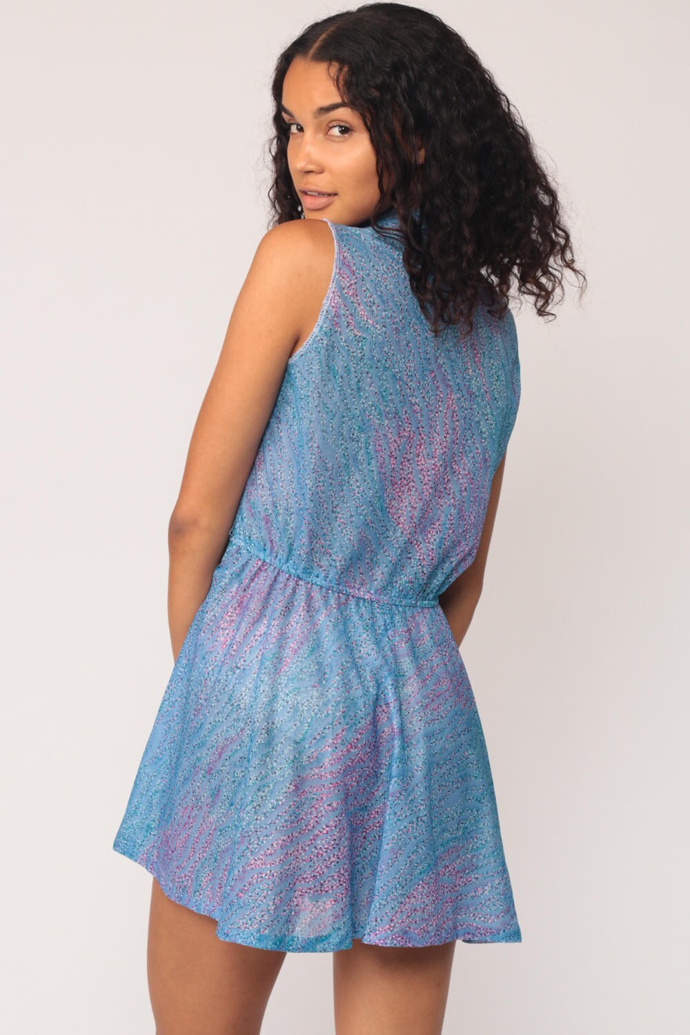 1970s Blue Wavy Stripe Wrap Mini Dress Deep V Neck High Waist Medium Large