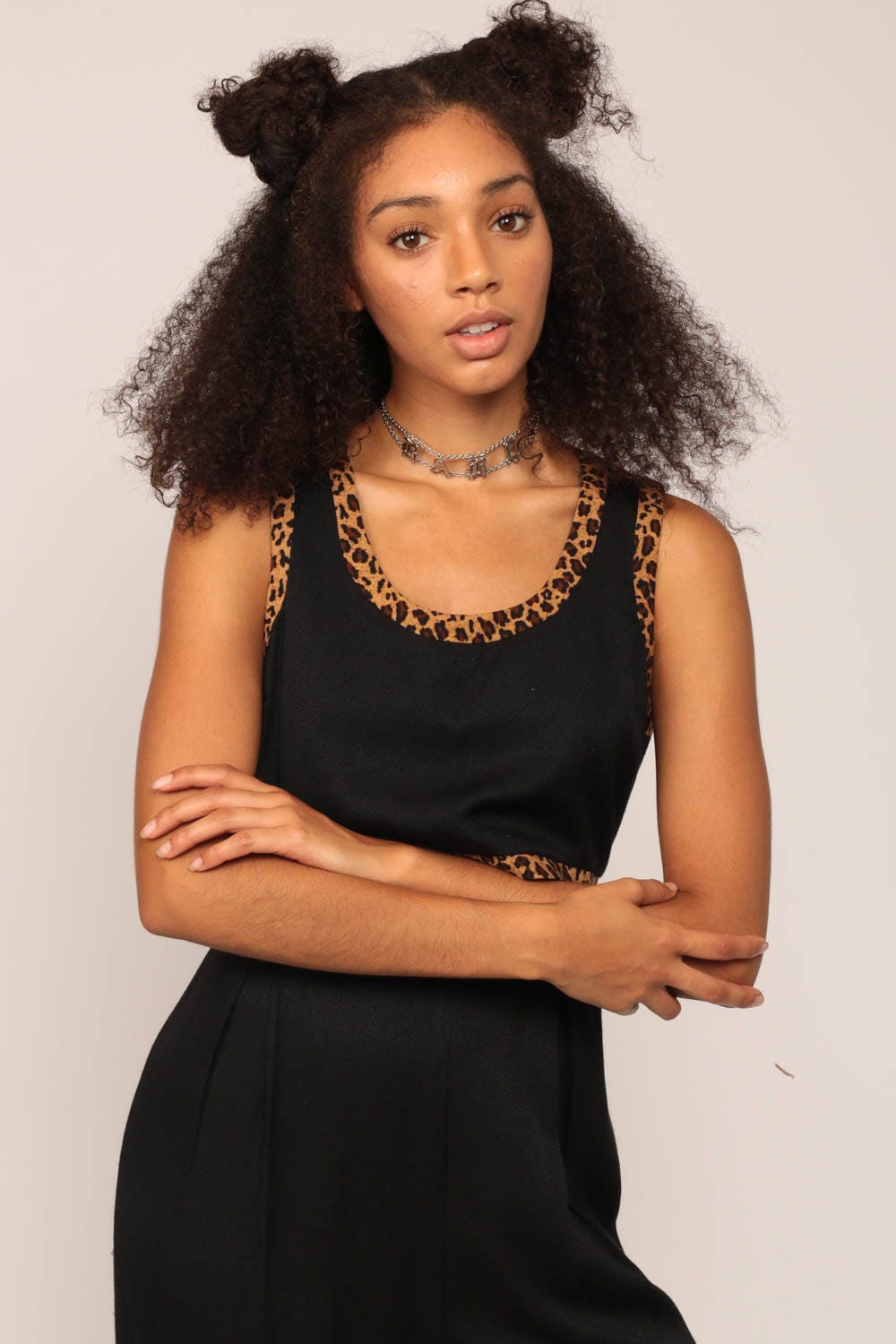 80s Black Leopard Print Jumpsuit High Waisted Tank Romper Small Medium
