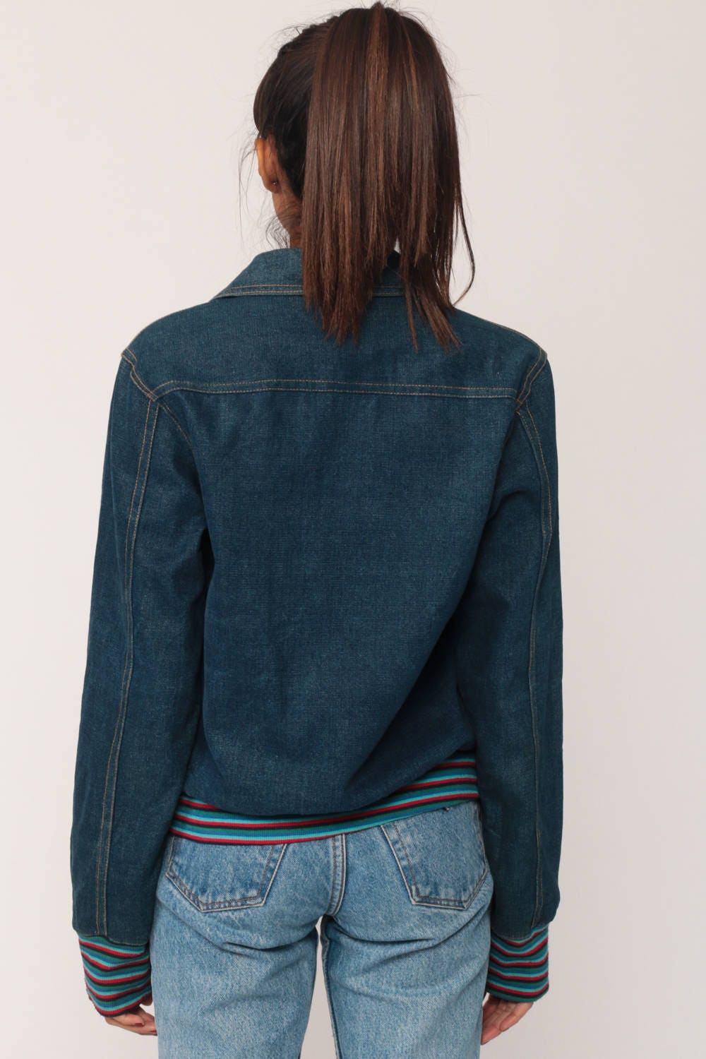 90s Blue Denim Jacket Striped Trim Zip-Up Small