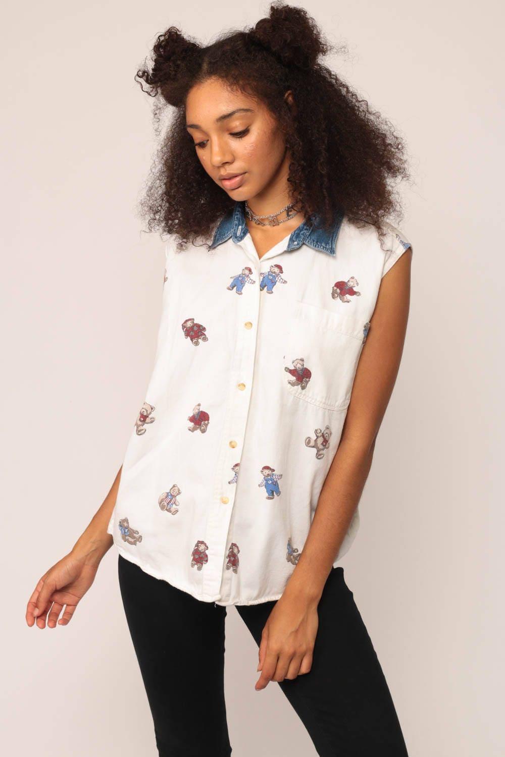 90s Teddy Bear Print Denim Collar Button-Up Blouse White Sleeveless Large