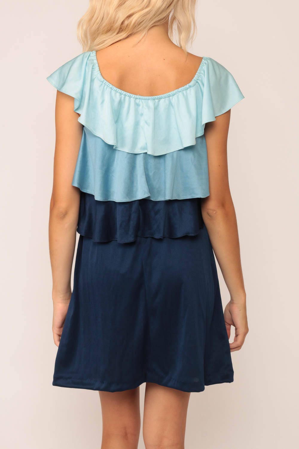 70s Blue Striped Mini Dress Tiered Flutter Sleeve Medium Large