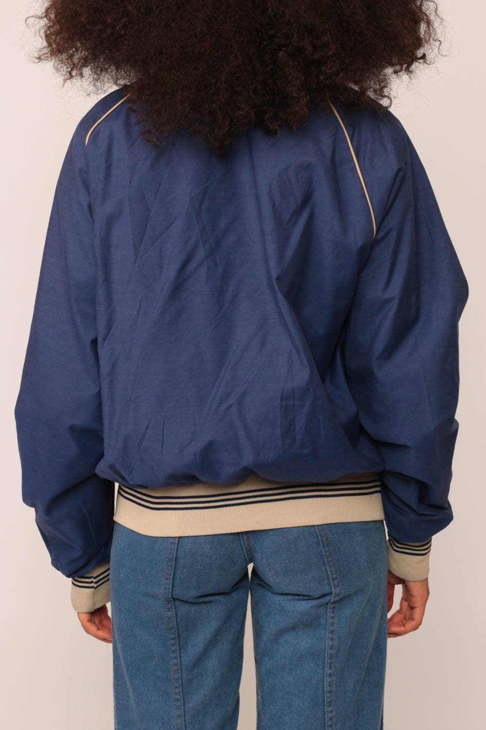 80s Baseball Windbreaker Jacket Navy Tan Striped Raglan Unisex Medium Large