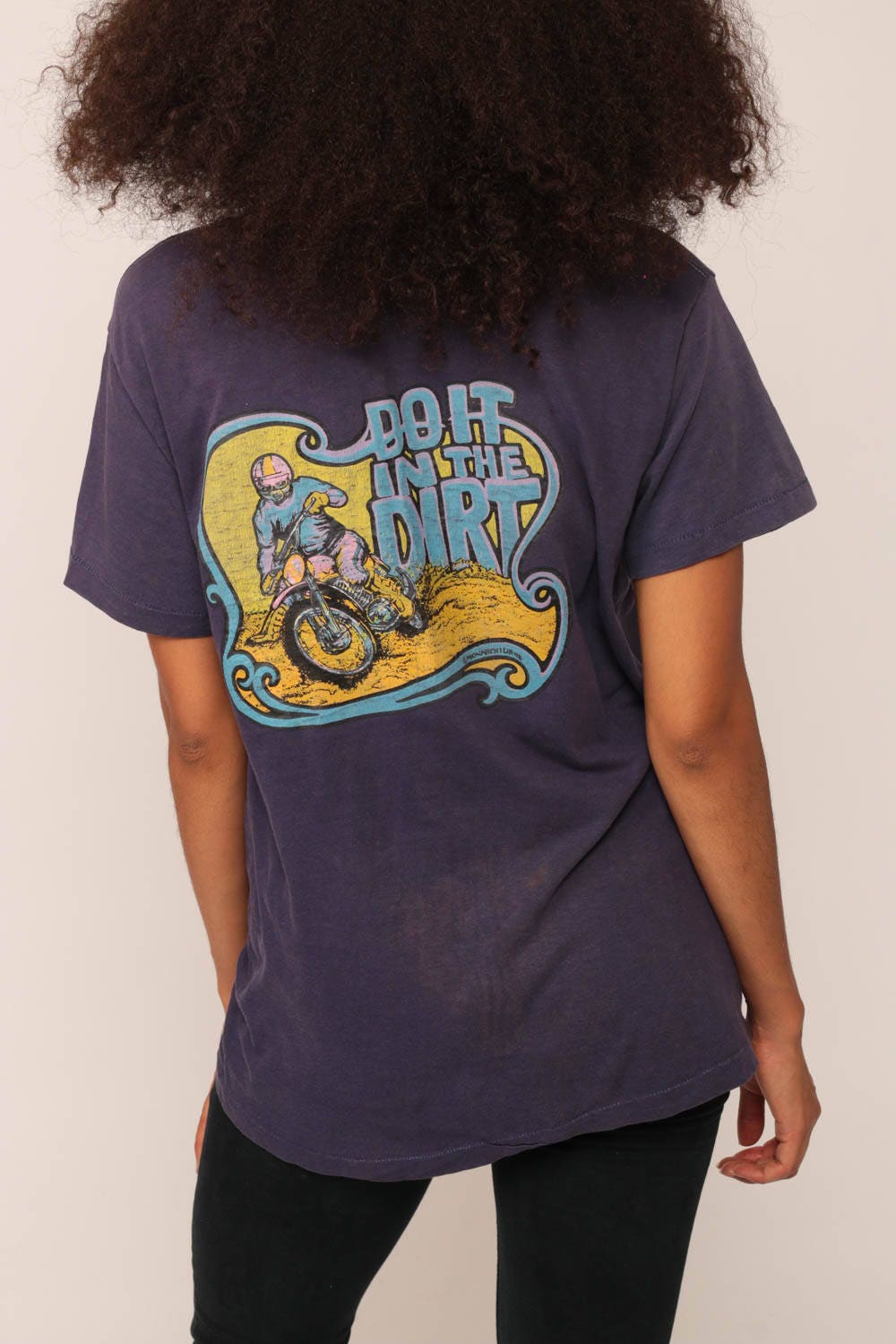 1976 Naked Biker Chick Motorcycle Graphic T-Shirt Faded Blue Large