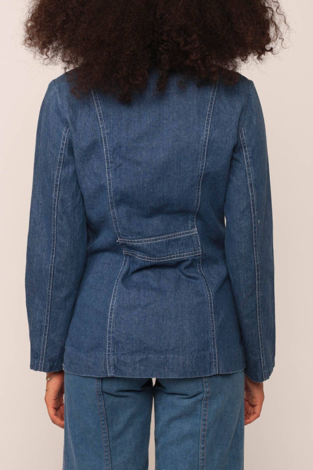 70s Denim Blazer Jacket Blue Faux Leather Trim Small