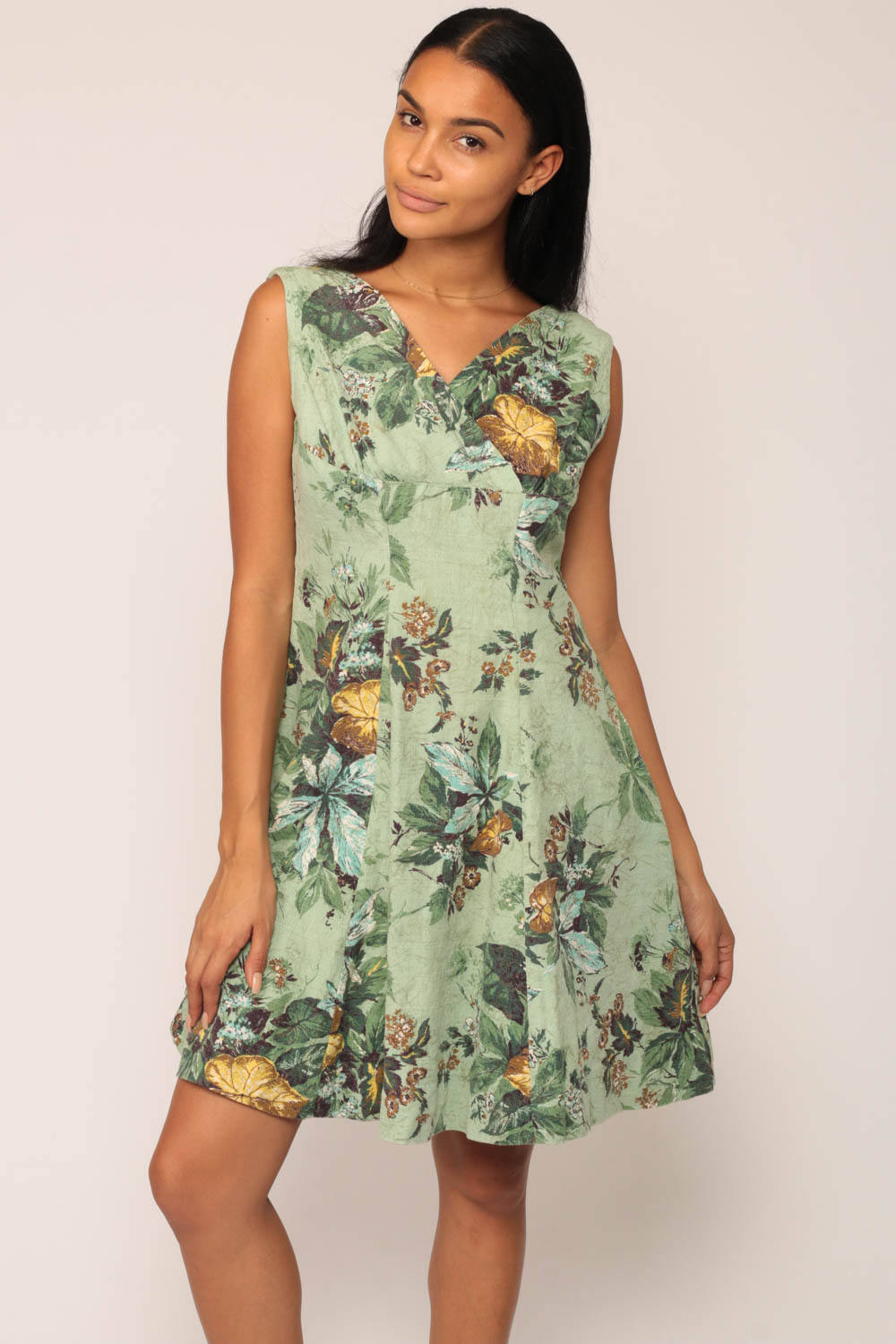 1950s Green Floral Leaf Print Sleeveless V-Neck Mini Dress Empire Waist Large