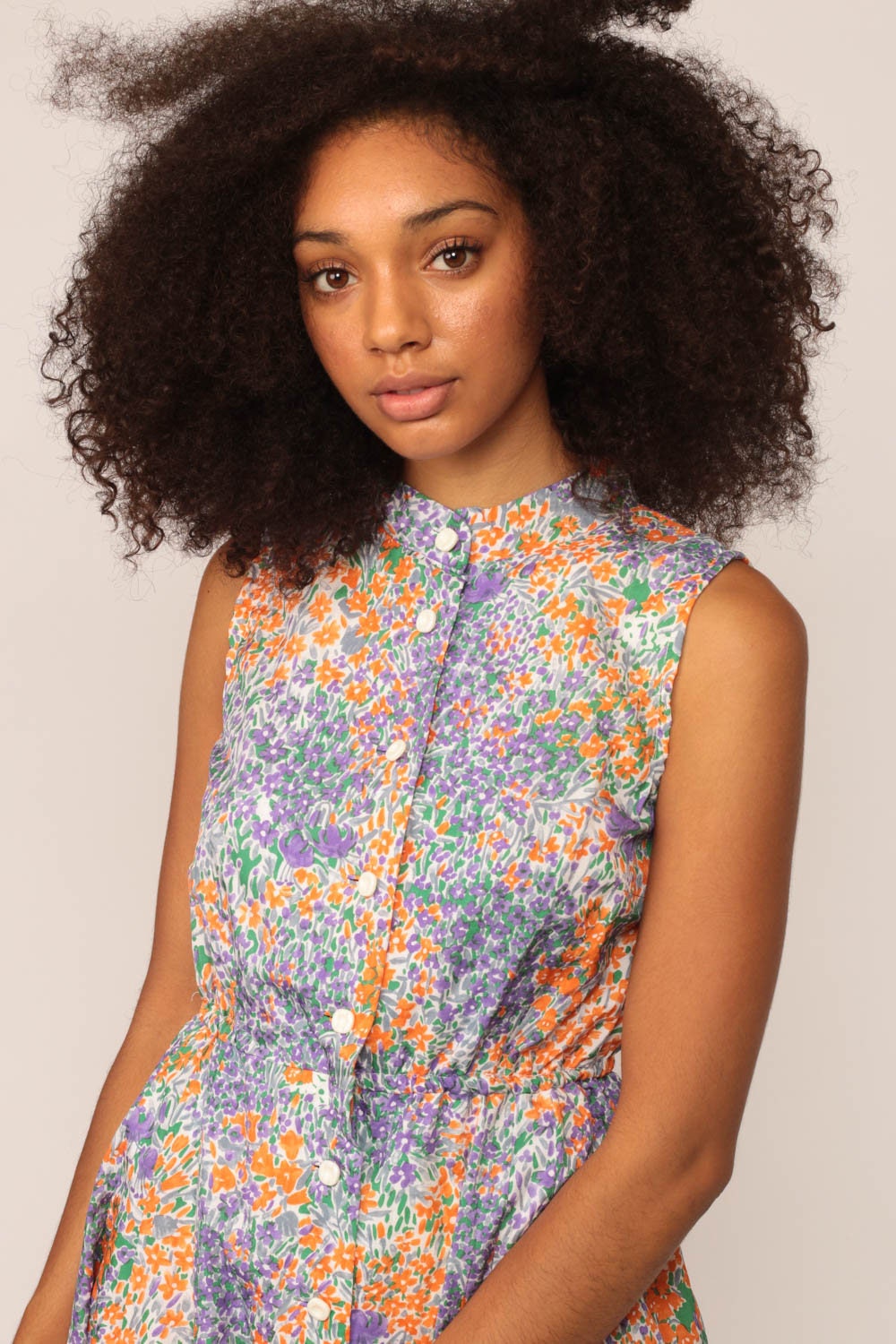 70s Floral Mini Dress Purple Orange Button Up Sleeveless High Waist Small