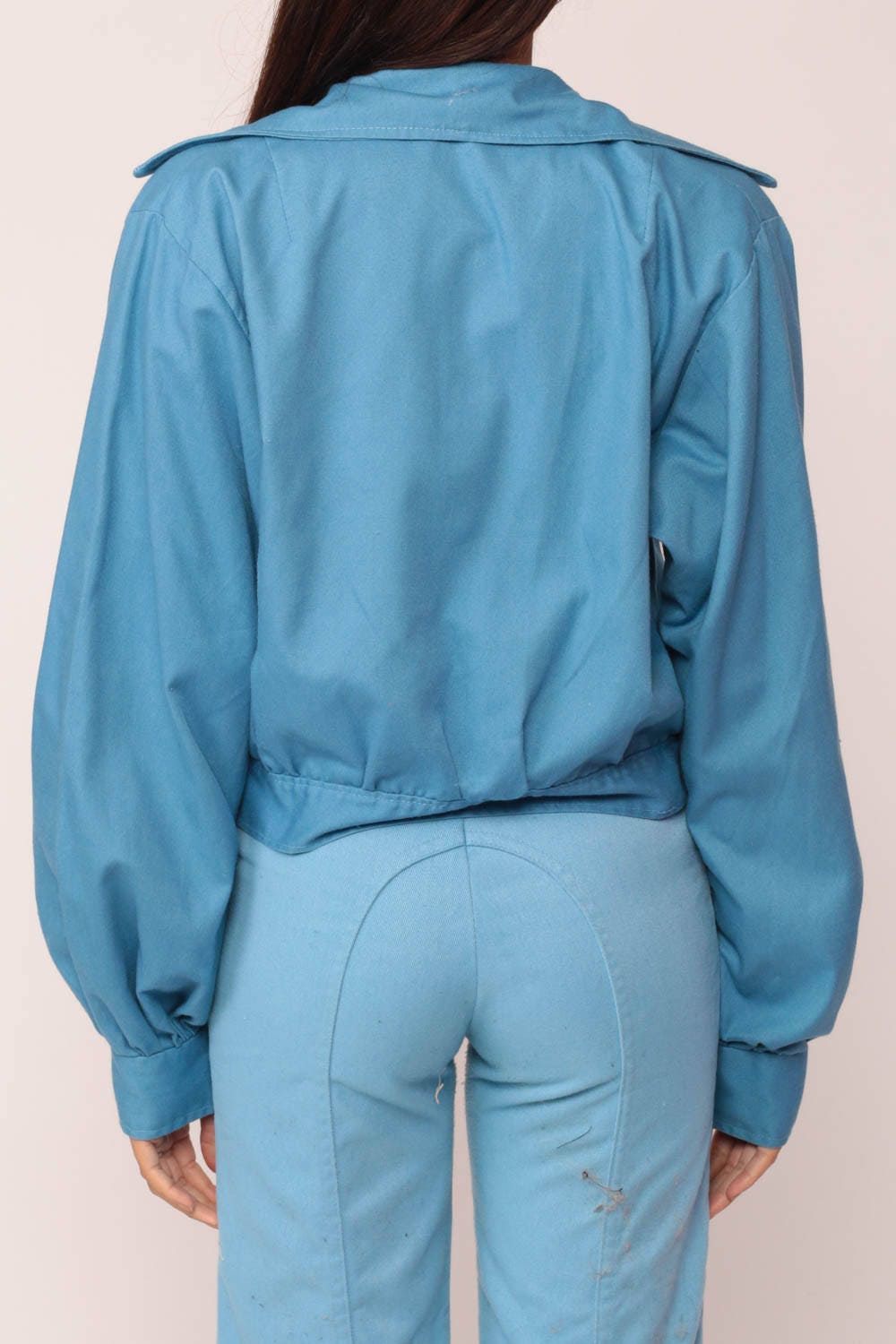 70s Blue Jacket Open Front Pointed Collar Single Button Medium