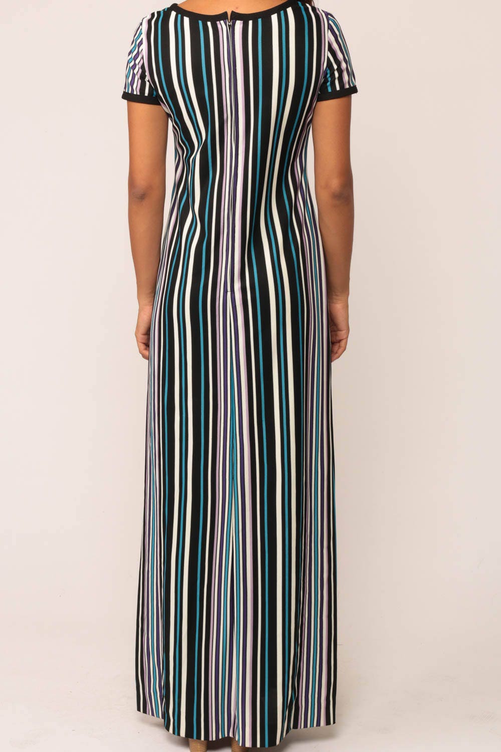 70s Striped Maxi Dress Black Blue Vertical Stripe Short Sleeve Slit Small