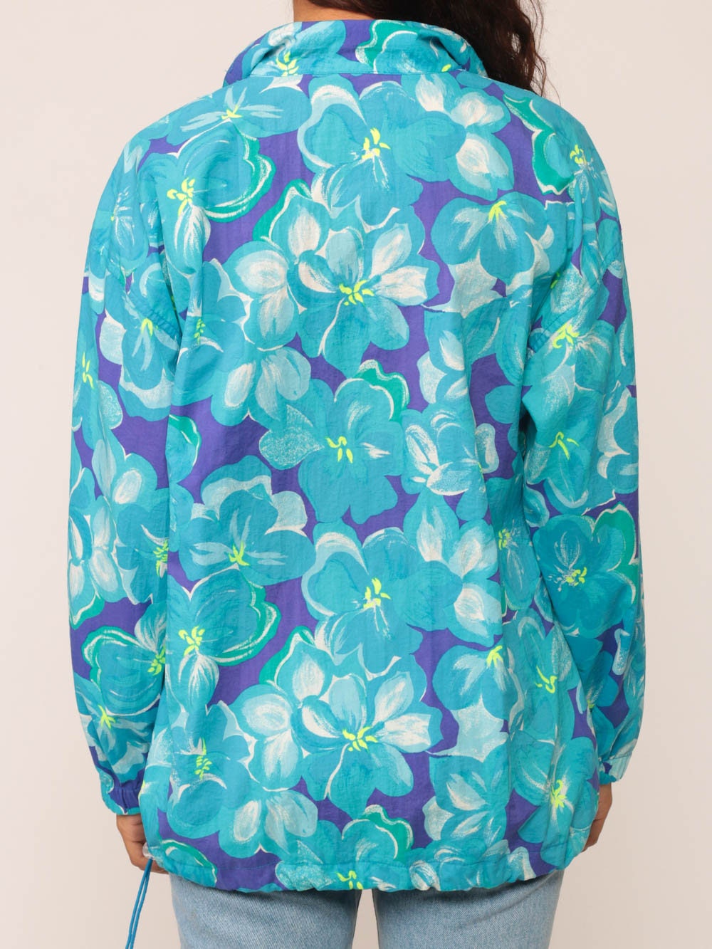 90s Floral Nylon Windbreaker Jacket Blue Half Zip Pullover Small