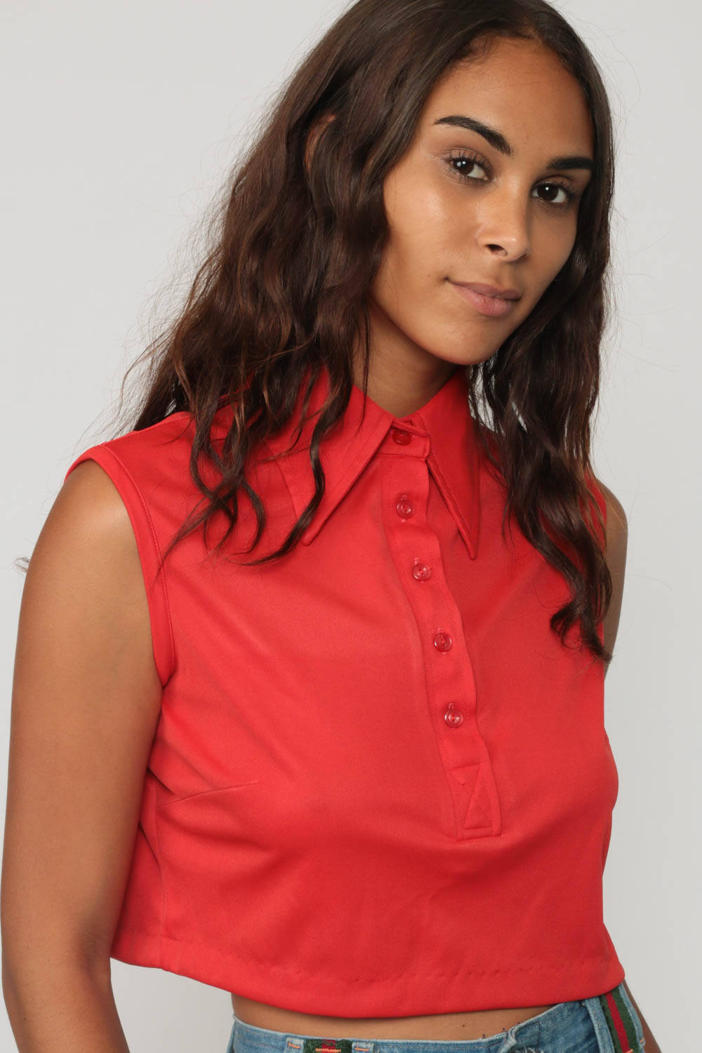 70s Red Sleeveless Tank Top Crop Polo Button-Up Large