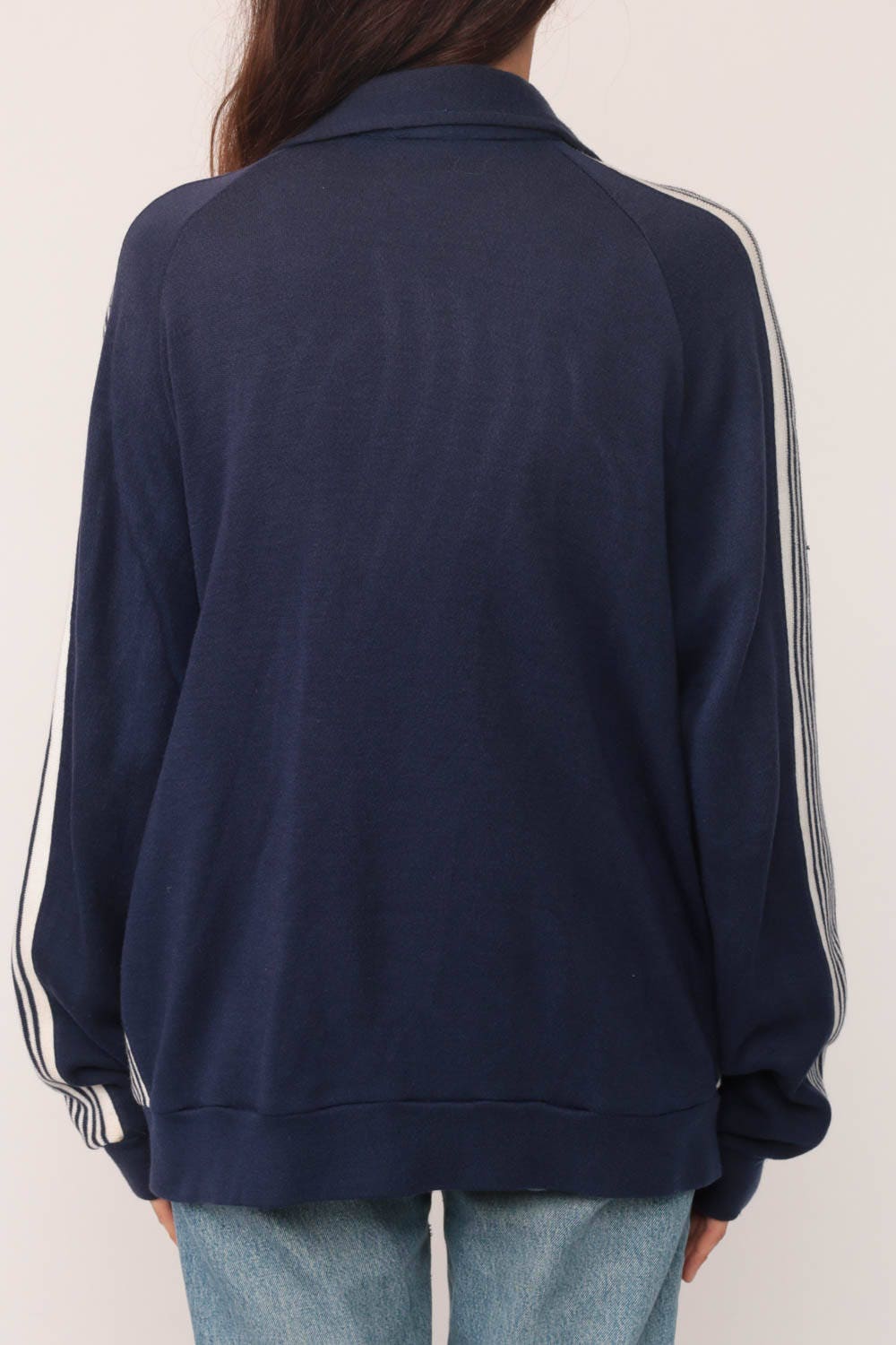 80s Dark Blue Striped Track Jacket Raglan Sleeve Zip Up Large
