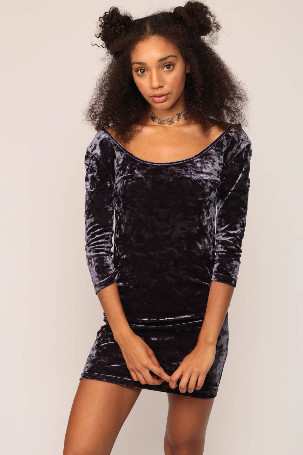 90s Purple Crushed Velvet Mini Dress Bodycon Long Sleeve Small Medium