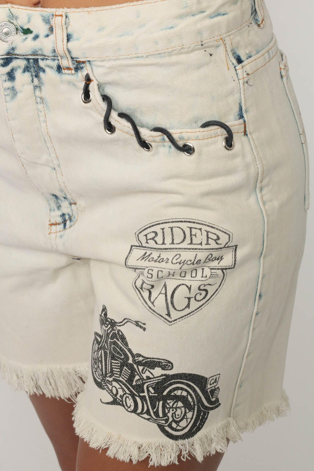 90s Rider Rags Acid Wash Denim Shorts High Waisted Motorcycle Print Small